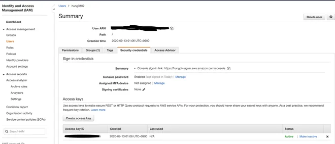 Xoá access key trong aws IAM