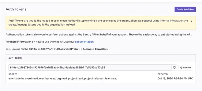 tạo API token từ sentry