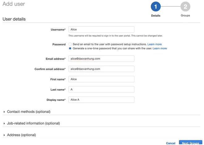 Tạo user trong aws sso