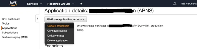 update credential apns trên sns