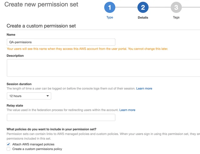 tạo permission trong aws sso